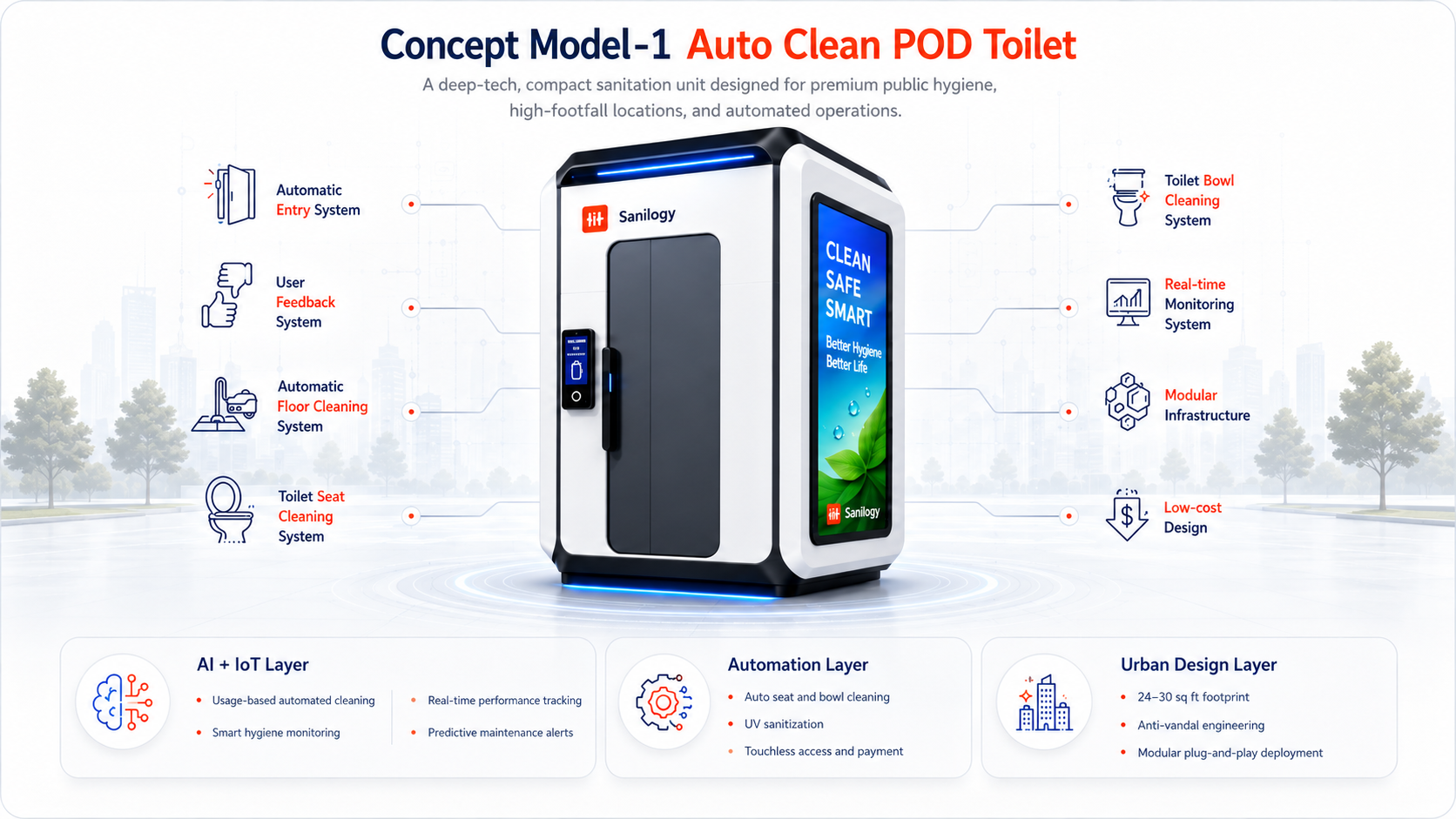 Auto Clean POD Toilet full-width concept model with key features